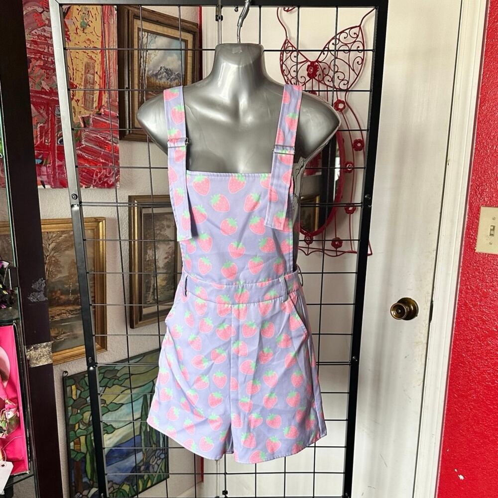 in control purple strawberry print overalls shorts